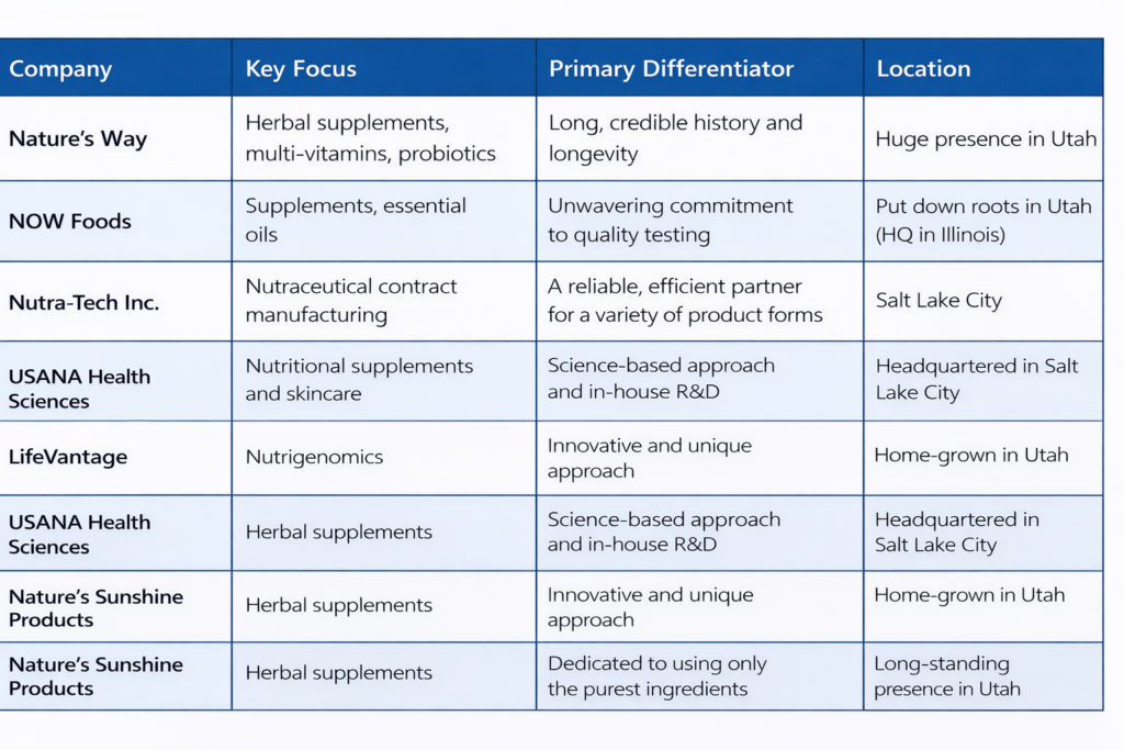 Top 7 Supplement & Nutraceutical Companies in Utah table to compare