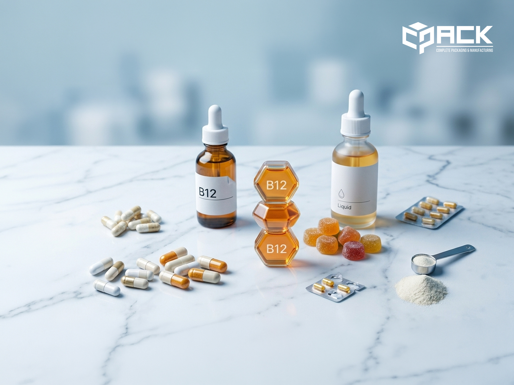 vitamin b12 supplements in liquid gummy capsule and powder forms
