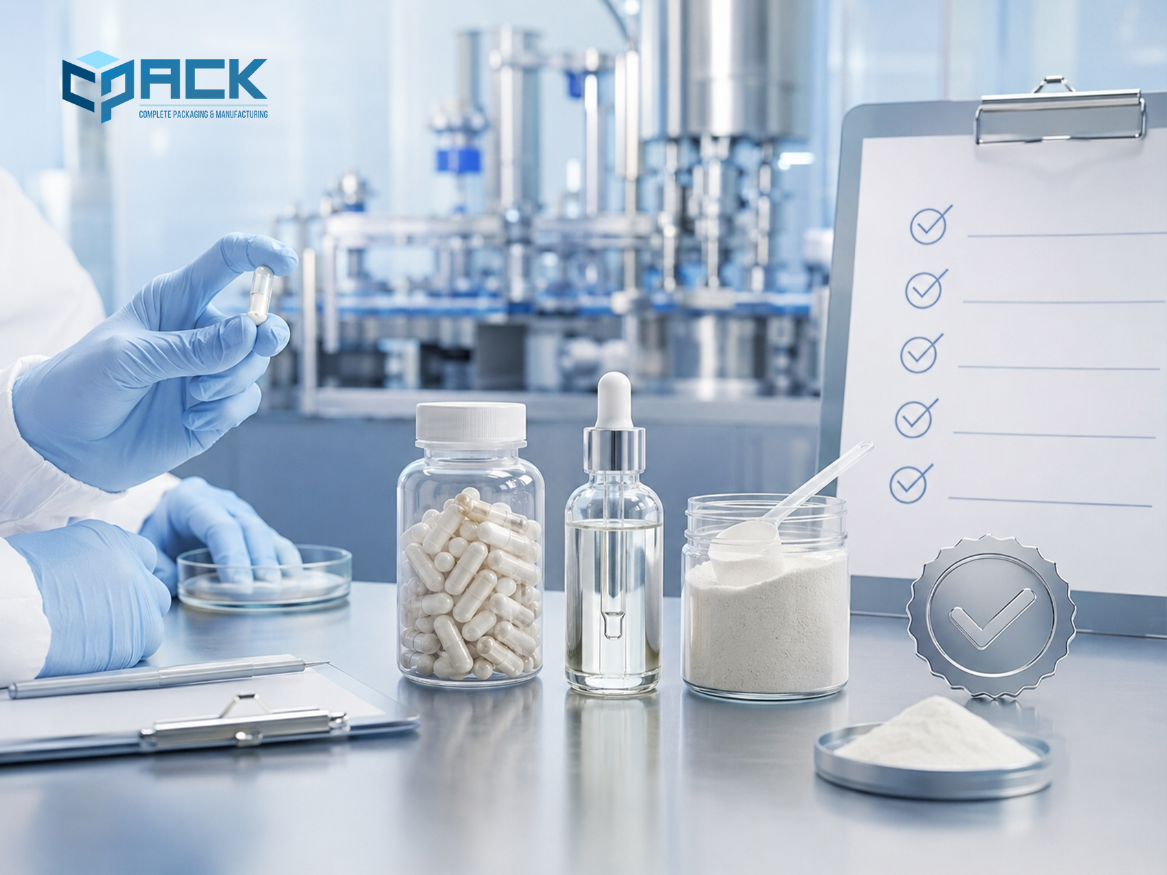GMP certified supplement manufacturer conducting quality control and compliance testing in a dietary supplement production facility